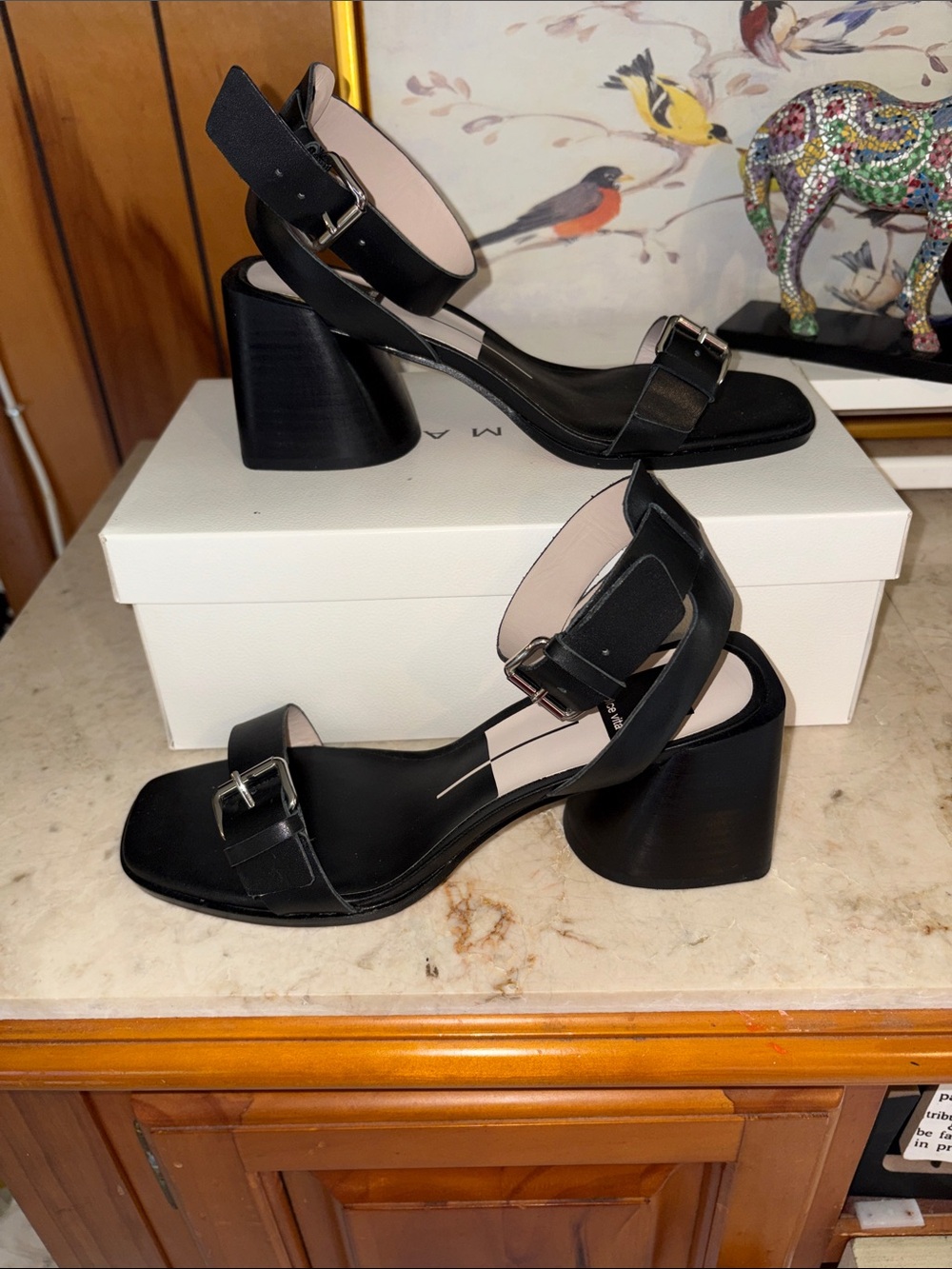 Black leather Lea Block Heel Buckle Sandals by